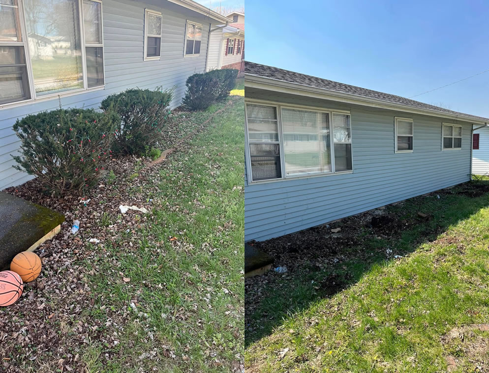 Before: a row of bushes in bash shape; Afdter: ready for some new plants in Kimberling City, MO