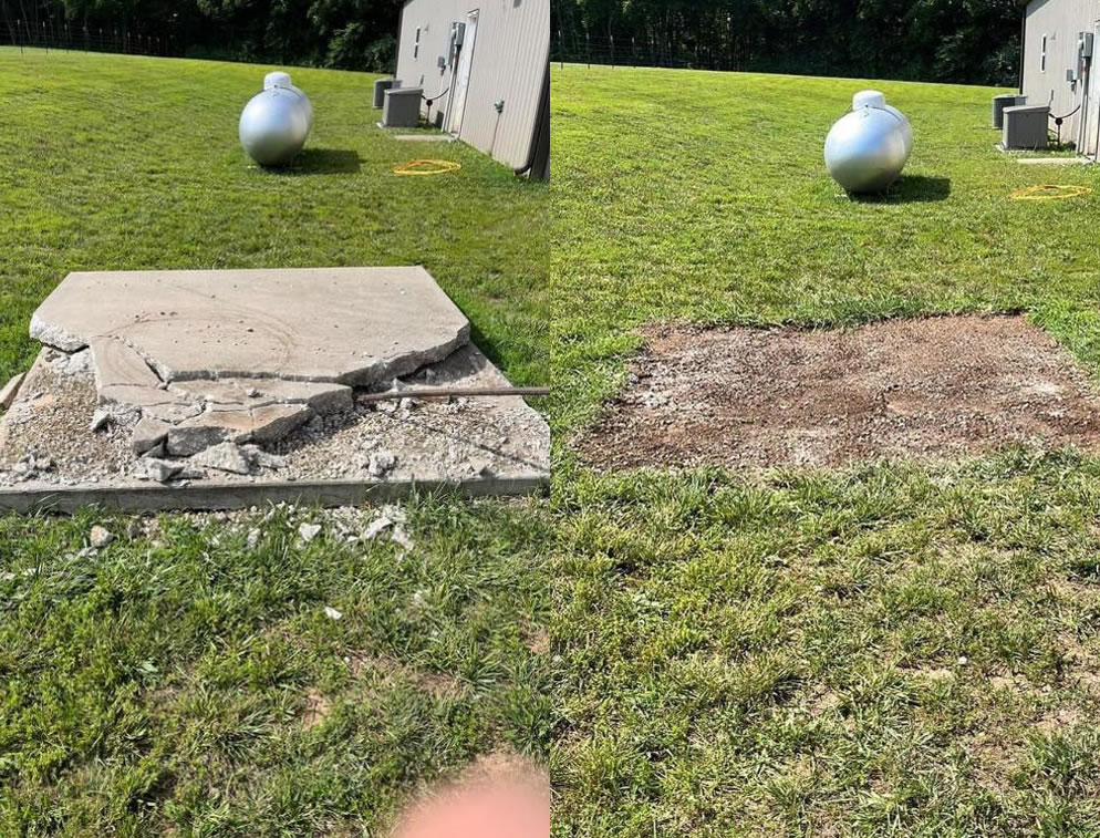 Before: an eyesore concrete slab in the back yard; After: demolitioned the conctrete with cleaned up back yard in Springfield, MO